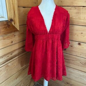 Fit & Flare Women’s 14 XL Boho Red Cotton Mini Dress Empire Waist Baby Doll Retr
